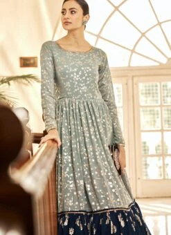 Sea Green N Blue Georgette Foil Printed Anarkali Gown After Six Wear -Indo Clothing Shop grey n blue georgette foil printed anarkali gown bgwsom4706 b