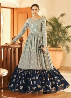 Sea Green N Blue Georgette Foil Printed Anarkali Gown After Six Wear -Indo Clothing Shop grey n blue georgette foil printed anarkali gown bgwsom4706 u