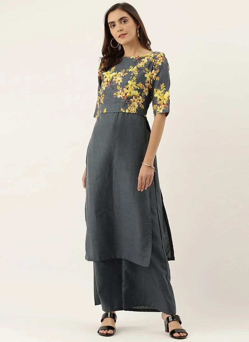 Grey N Yellow Printed Rayon Boat Neck Kurta Set After Six Wear 3 Grey N Yellow Printed Rayon Boat Neck Kurta Set After Six Wear - Image 3