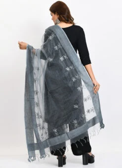 Grey Organza Cotton Chikankari Embroidery Dupatta Work Wear -Indo Clothing Shop grey organza cotton chikankari embroidery dupatta dpdmimfd114 b