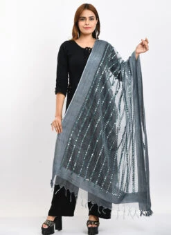 Grey Organza Cotton Mirror Embroidery Dupatta Work Wear -Indo Clothing Shop grey organza cotton mirror embroidery dupatta dpdmimfd132 u