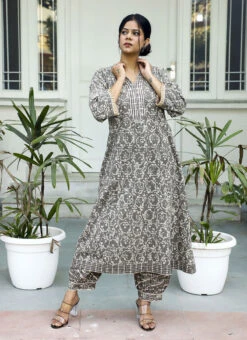 Grey Pure Cotton Hand Block Printed Kurta Salwar Set After Six Wear -Indo Clothing Shop grey pure cotton hand block printed kurta salwar set krsjbp2022a2089b u