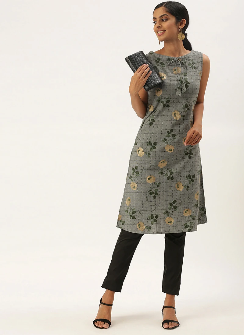 Grey Rayon Kurta Narrow Straight Pant Set Work Wear 3 Grey Rayon Kurta Narrow Straight Pant Set Work Wear - Image 3