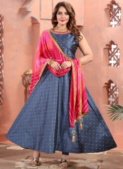 Grey Taffeta Embroidered Gown Party Wear -Indo Clothing Shop grey taffeta embroidered gown bgwrmnf794g u