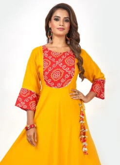 Haldi Yellow Rayon Bandhini Printed Kurta Churidar Set Work Wear -Indo Clothing Shop haldi yellow rayon bandhini printed kurta churidar set krsmam422 b