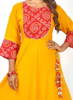 Haldi Yellow Rayon Bandhini Printed Kurta Churidar Set Work Wear