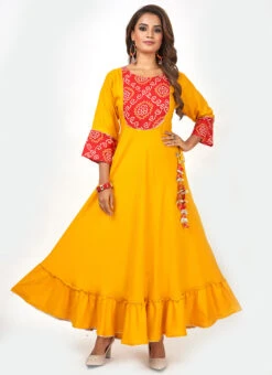 Haldi Yellow Rayon Bandhini Printed Kurta Churidar Set Work Wear -Indo Clothing Shop haldi yellow rayon bandhini printed kurta churidar set krsmam422 u