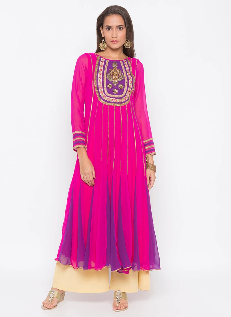 Hot Pink Georgette Embroidered Kurta Palazzo Set After Six Wear 3 Hot Pink Georgette Embroidered Kurta Palazzo Set After Six Wear - Image 3