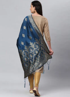 Indigo Blue Benarasi Silk Jacquard Woven Dupatta Festive Wear -Indo Clothing Shop indigo blue benarasi silk jacquard woven dupatta dpsli1402104iblu b