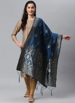 Indigo Blue Benarasi Silk Jacquard Woven Dupatta Festive Wear -Indo Clothing Shop indigo blue benarasi silk jacquard woven dupatta dpsli1402104iblu u