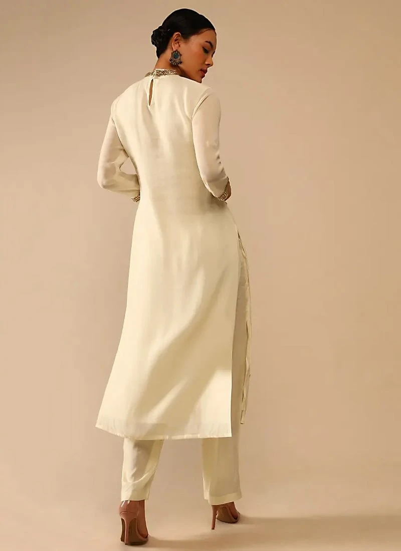 Ivory Pure Georgette Embroidered Kurta Straight Pant Set Party Wear 4 Ivory Pure Georgette Embroidered Kurta Straight Pant Set Party Wear - Image 4