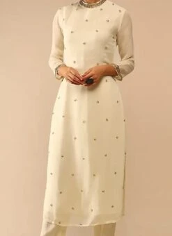 Ivory Pure Georgette Embroidered Kurta Straight Pant Set Party Wear