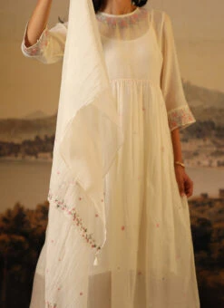 Ivory White Chanderi Silk Embroidered Dupatta Party Wear