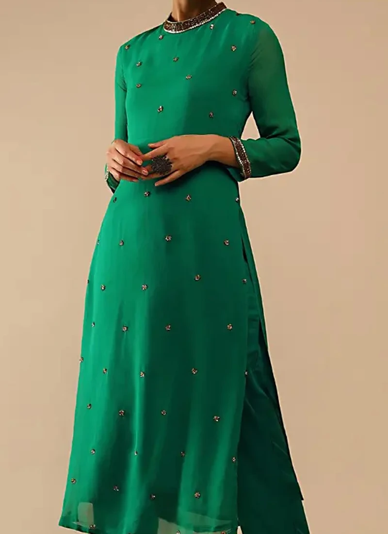 Jade Green Pure Georgette Embroidered Kurta Straight Pant Set Party Wear 1 Jade Green Pure Georgette Embroidered Kurta Straight Pant Set Party Wear