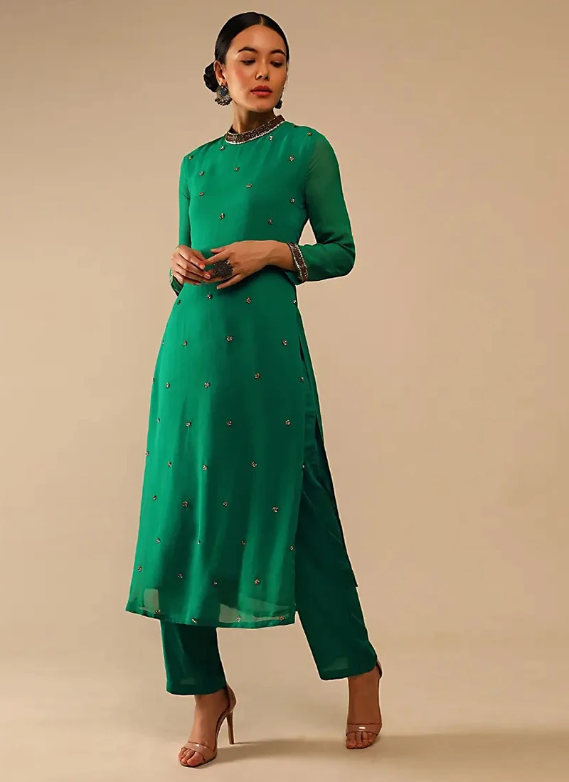Jade Green Pure Georgette Embroidered Kurta Straight Pant Set Party Wear 3 Jade Green Pure Georgette Embroidered Kurta Straight Pant Set Party Wear - Image 3