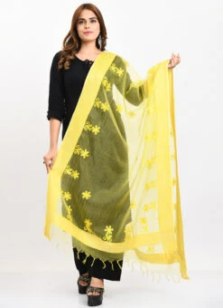 Lemon Yellow Organza Cotton Chikankari Embroidery Dupatta Work Wear -Indo Clothing Shop lemon yellow organza cotton chikankari embroidery dupatta dpdmimfd113 u