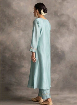 Light Blue Chanderi Silk Embroidered Straight Pant Suit Party Wear -Indo Clothing Shop light blue chanderi silk embroidered straight pant suit krdvc22 b