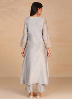 Light Grey Pure Chanderi Silk Embroidered Kurta Semi Palazzo Set Party Wear -Indo Clothing Shop light grey pure chanderi silk embroidered kurta semi palazzo set krsdvcsvks39 b