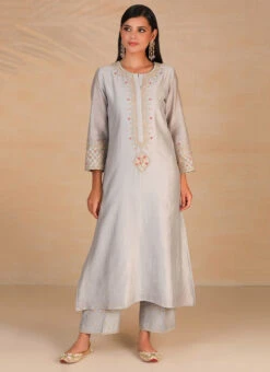 Light Grey Pure Chanderi Silk Embroidered Kurta Semi Palazzo Set Party Wear -Indo Clothing Shop light grey pure chanderi silk embroidered kurta semi palazzo set krsdvcsvks39 u