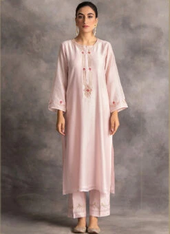 Light Pink Chanderi Silk Embroidered Straight Pant Suit Party Wear -Indo Clothing Shop light pink chanderi silk embroidered straight pant suit krdvc19 u