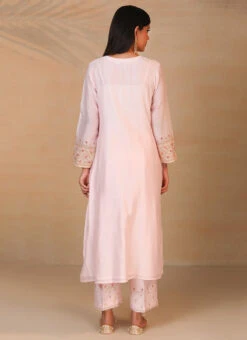 Light Pink Pure Chanderi Silk Embroidered Kurta Semi Palazzo Set Party Wear -Indo Clothing Shop light pink pure chanderi silk embroidered kurta semi palazzo set krsdvcsvks38 b