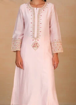 Light Pink Pure Chanderi Silk Embroidered Kurta Semi Palazzo Set Party Wear