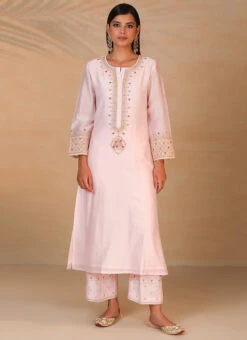 Light Pink Pure Chanderi Silk Embroidered Kurta Semi Palazzo Set Party Wear -Indo Clothing Shop light pink pure chanderi silk embroidered kurta semi palazzo set krsdvcsvks38 u