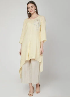Light Yellow Linen Kurta Palazzo Set Work Wear -Indo Clothing Shop light yellow linen kurta palazzo set krsdvcsvts30 u