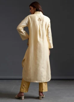 Light Yellow Pure Chanderi Silk Embroidered Kurta Semi Palazzo Set Party Wear -Indo Clothing Shop light yellow pure chanderi silk embroidered kurta semi palazzo set krsdvcsvks35 b
