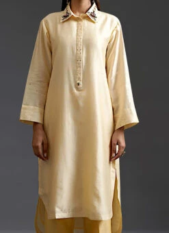 Light Yellow Pure Chanderi Silk Embroidered Kurta Semi Palazzo Set Party Wear