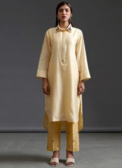 Light Yellow Pure Chanderi Silk Embroidered Kurta Semi Palazzo Set Party Wear -Indo Clothing Shop light yellow pure chanderi silk embroidered kurta semi palazzo set krsdvcsvks35 u