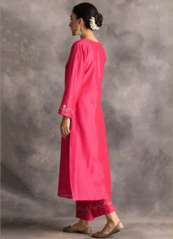 Magenta Pink Chanderi Silk Embroidered Straight Pant Suit Party Wear -Indo Clothing Shop magenta pink chanderi silk embroidered straight pant suit krdvc20 b