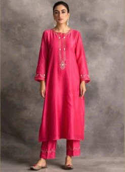 Magenta Pink Chanderi Silk Embroidered Straight Pant Suit Party Wear -Indo Clothing Shop magenta pink chanderi silk embroidered straight pant suit krdvc20 u