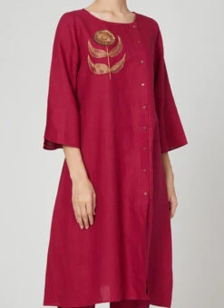 Magenta Pink Rayon Slub Kurta Straight Pant Set Work Wear