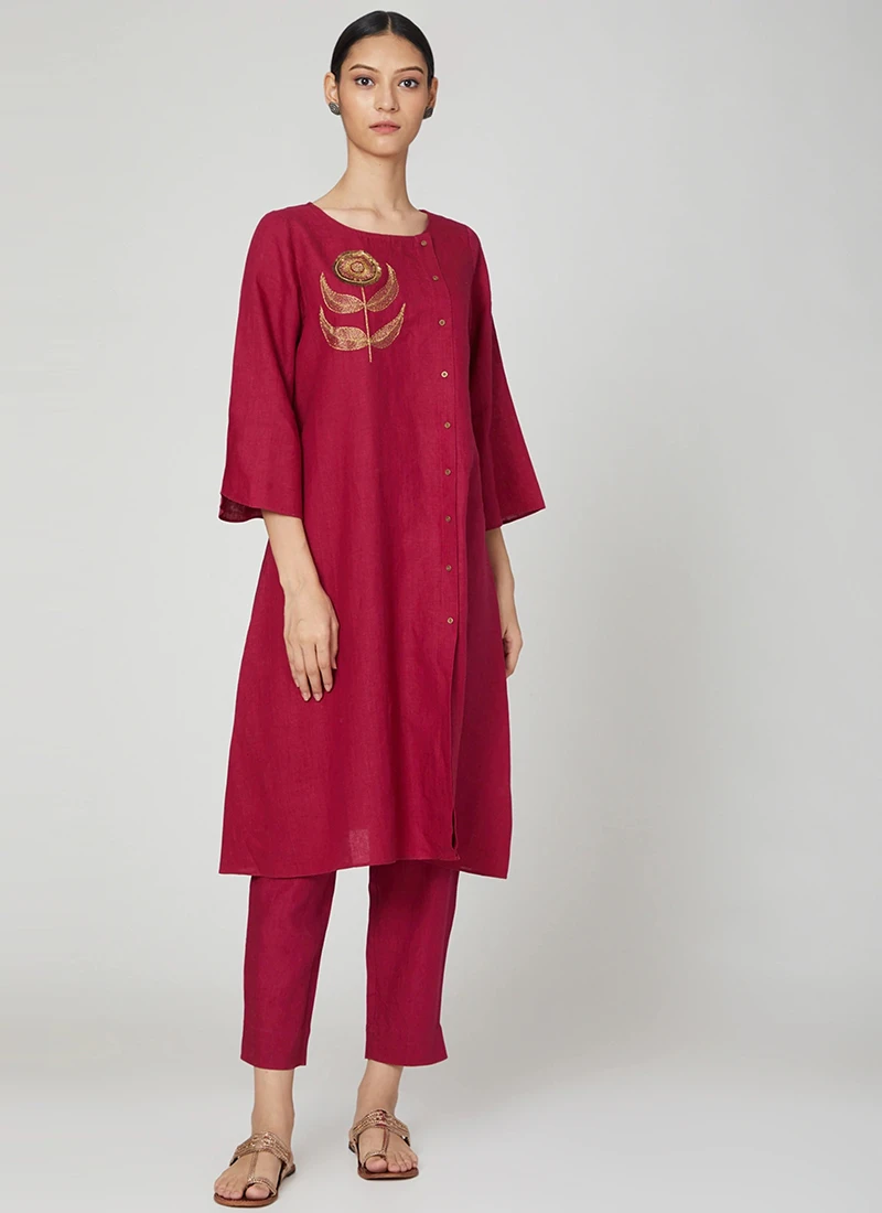Magenta Pink Rayon Slub Kurta Straight Pant Set Work Wear 3 Magenta Pink Rayon Slub Kurta Straight Pant Set Work Wear - Image 3