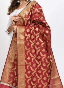 Maroon Banarasi Silk Weaving Work Dupatta Work Wear