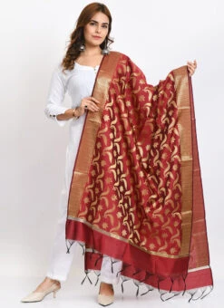 Maroon Banarasi Silk Weaving Work Dupatta Work Wear -Indo Clothing Shop maroon banarasi silk weaving work dupatta dpdmimfd145 u