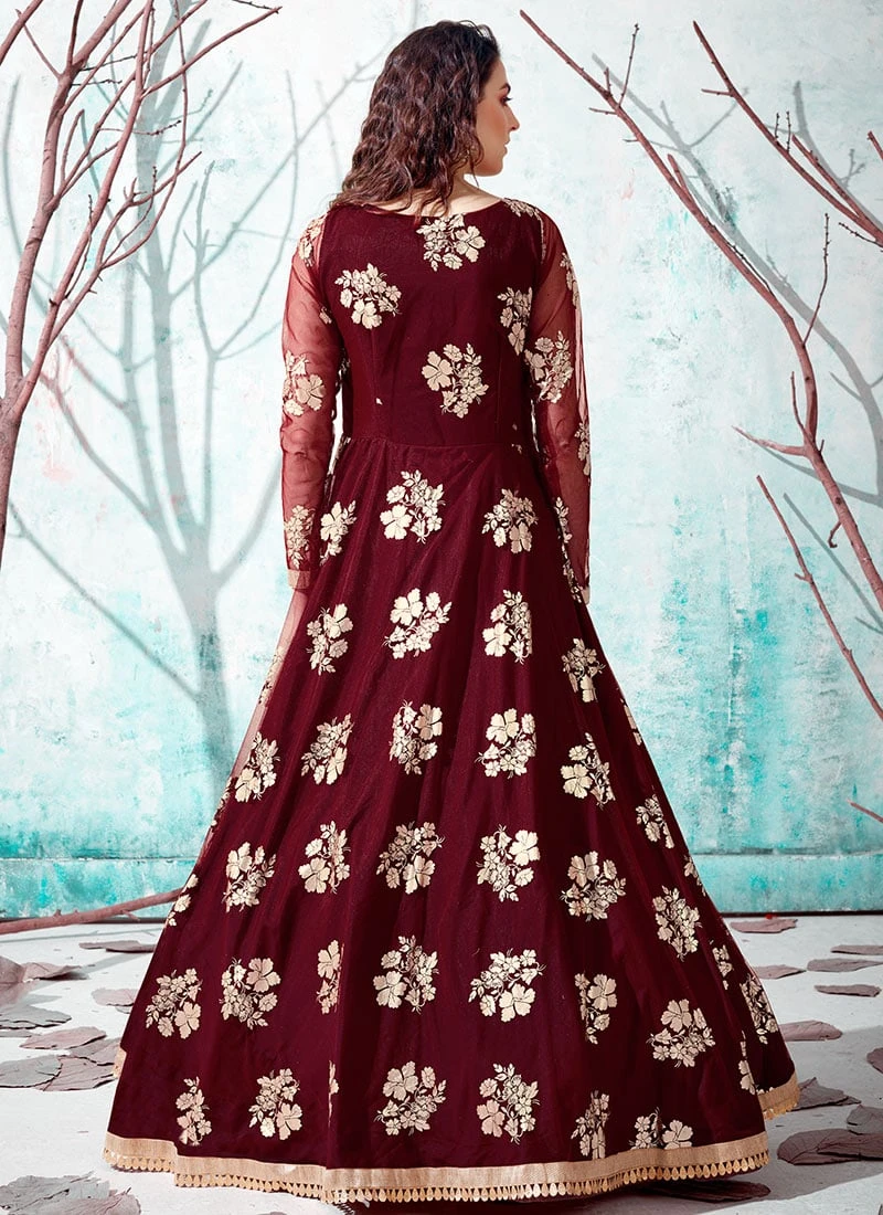 Maroon Net Anarkali Gown Party Wear 4 Maroon Net Anarkali Gown Party Wear - Image 4