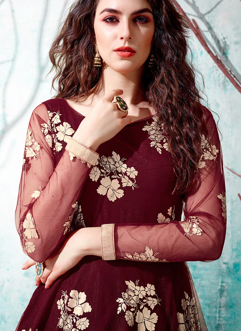 Maroon Net Anarkali Gown Party Wear 1 Maroon Net Anarkali Gown Party Wear