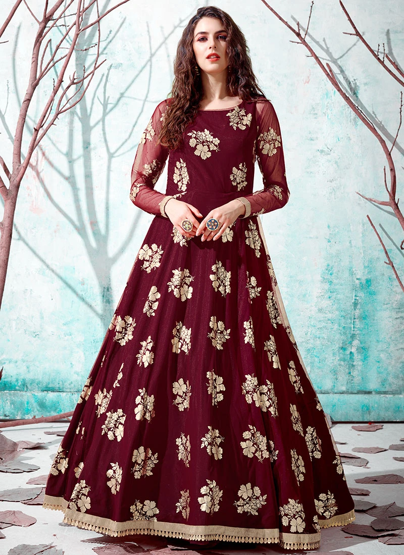 Maroon Net Anarkali Gown Party Wear 3 Maroon Net Anarkali Gown Party Wear - Image 3