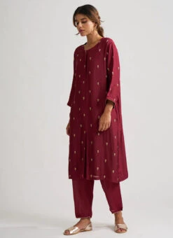 Maroon Pure Chanderi Silk Embroidered Kurta Semi Palazzo Set Party Wear 6 Maroon Pure Chanderi Silk Embroidered Kurta Semi Palazzo Set Party Wear -Indo Clothing Shop maroon pure chanderi silk embroidered kurta semi palazzo set krsdvcsvks46 u