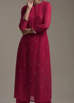 Maroon Pure Georgette Embroidered Kurta Straight Pant Set Party Wear