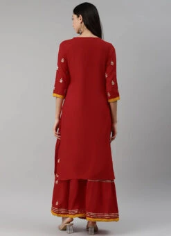 Maroon Rayon Embroidery Kurta Sharara Set Party Wear -Indo Clothing Shop maroon rayon embroidery kurta sharara set krsdmf7142g b
