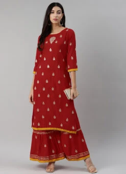Maroon Rayon Embroidery Kurta Sharara Set Party Wear -Indo Clothing Shop maroon rayon embroidery kurta sharara set krsdmf7142g u