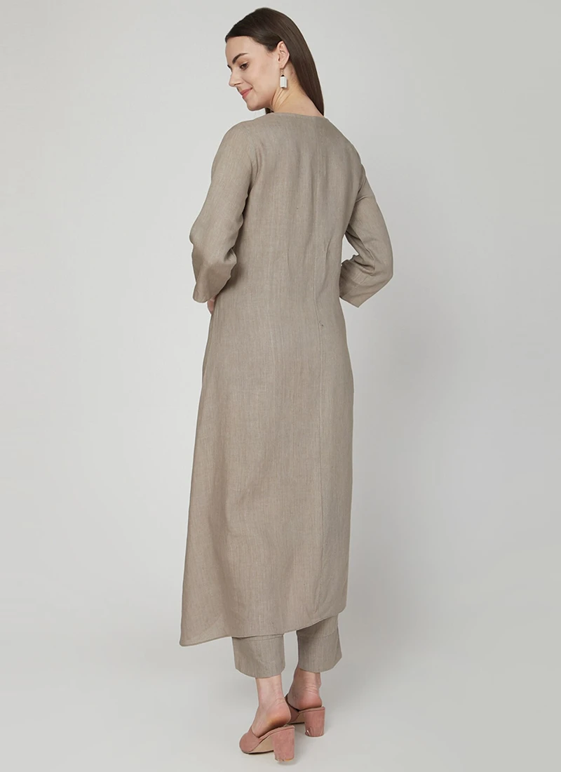 Mice Brown Linen Kurta Straight Pant Set Work Wear 4 Mice Brown Linen Kurta Straight Pant Set Work Wear - Image 4