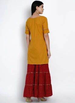 Mustard Cotton Kurta Sharara Set Work Wear -Indo Clothing Shop mustard cotton kurta sharara set krsdrnr414 b