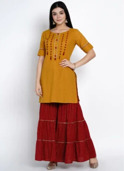 Mustard Cotton Kurta Sharara Set Work Wear -Indo Clothing Shop mustard cotton kurta sharara set krsdrnr414 u