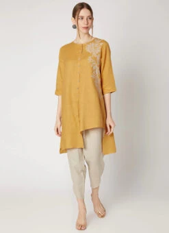 Mustard Linen Kurta Dhoti Pant Set Work Wear -Indo Clothing Shop mustard linen kurta dhoti pant set krsdvcsvts26 u