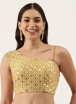 Mustard Raw Silk Embroidery One Shoulder Blouse Party Wear 6 Mustard Raw Silk Embroidery One Shoulder Blouse Party Wear -Indo Clothing Shop mustard raw silk embroidery one shoulder blouse blspfb150mu u