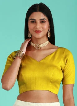 Mustard Silk Solid Stitched Readymade Blouse Party Wear -Indo Clothing Shop mustard silk solid stitched readymade blouse blspfb238m u